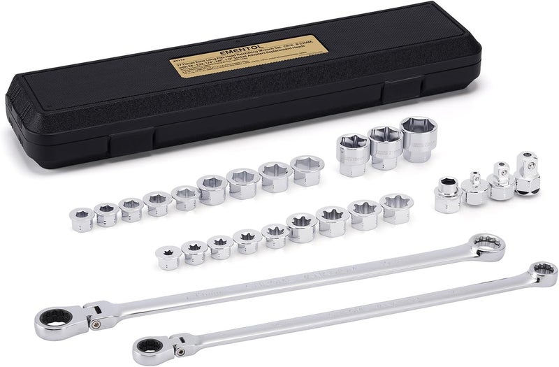 EMENTOL 27PCS Extra Long Flex Head Ratcheting Wrench Set, CR-V, Double Box End Ratchet Wrench Set with 8mm - 22mm, E8 - E22, 1/4", 3/8", 1/2" Socket Adapters Replacement Heads - Image 1